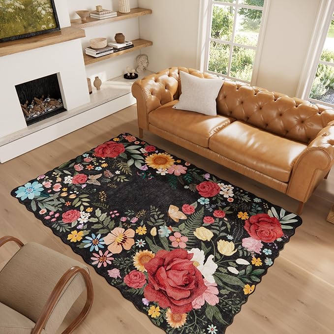 Washable Floral Area Rugs for Living Room, 5'x7' Black Soft Non-Slip Bedroom Rug Stain Resistant Lightweight Boho Vintage Low-Pile Throw for Dining Room Office