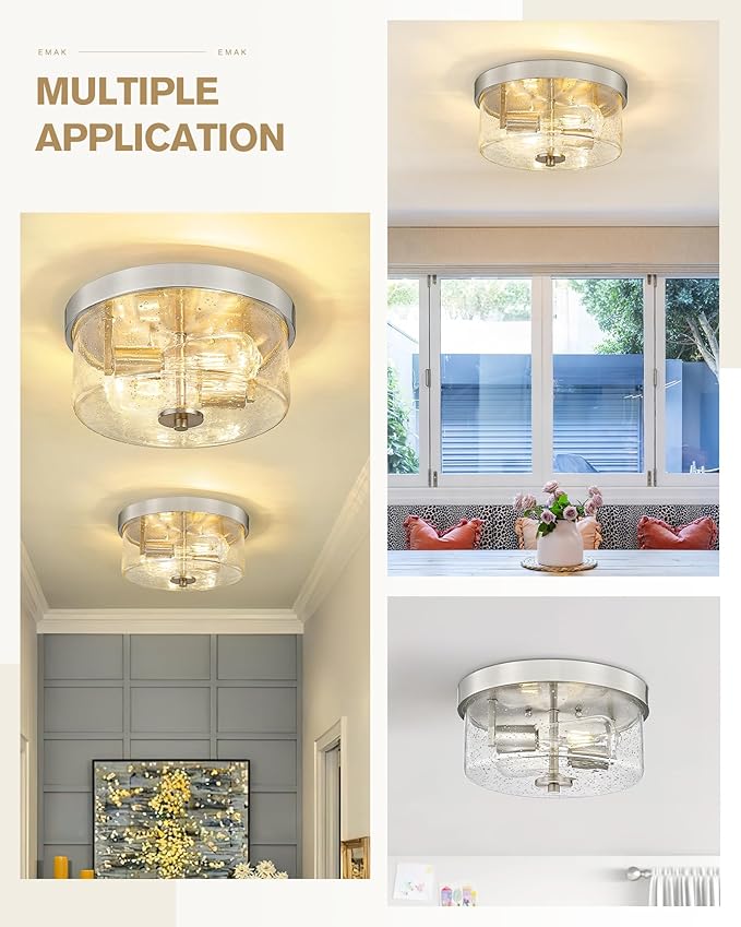 Emak 2-Light Brushed Nickel Ceiling Light Fixture, 11 Inch Flush Mount Light Fixture with Seeded Glass Shade for Bedroom, Living Room, Kitchen, Hallway, Bathroom, FM082-BN