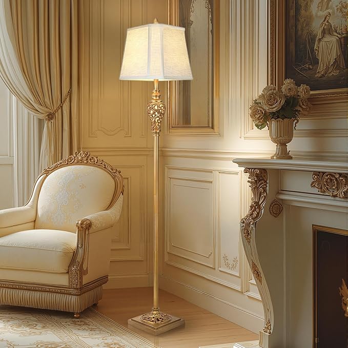 Vintage Farmhouse Floor Lamp with Nightlight, 65" Tall Standing Lamp with White Linen Fabric Shade, Antique Gold Finish, Elegant Reading Corner Light for Living Room, Bedroom, Office (Bulb Included)