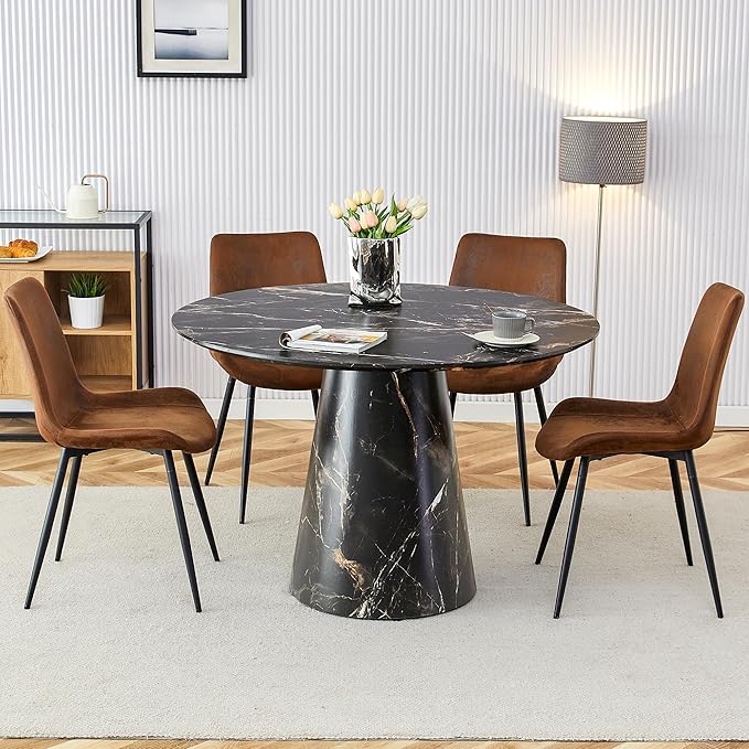 45 Inch Round Dining Table Set for 4, 5 Piece Kitchen Table and Chairs Set, Black Faux Marble Table Top, Small Space Dining Set for Apartment or Dining Room