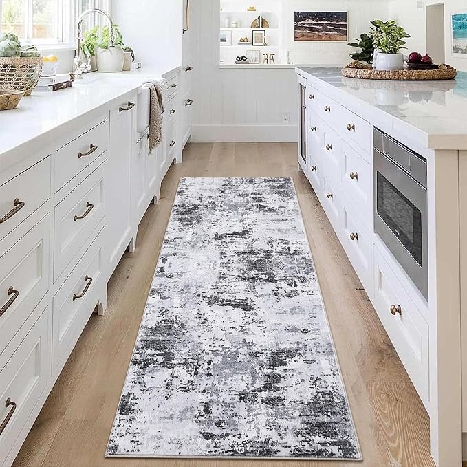 Runner Rug 2x6 Modern Abstract Non Slip Soft Stain Resistant Low Pile Machine Washable Non Shed Rug for Hallway Kitchen Bathroom, Grey