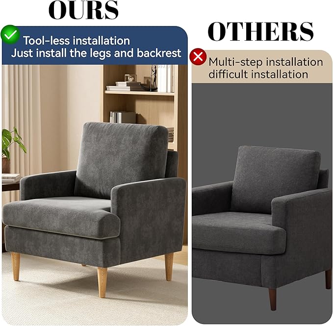 VKNOW Mid-Century Accent Chairs Set of 2, Modern Upholstered Chenille Armchair for Living Room,Comfy Reading Accent Chairs with Wood Legs for Bedroom, Dark Grey
