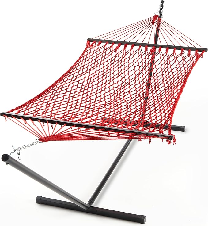 PNAEUT Double Hammock with Stand for Outside, Rope Hammocks with Hardwood Spreader Bar 2 Person, 12ft Heavy Duty Stand, Extra Pillow, Max 475 lbs Capacity (Wine)