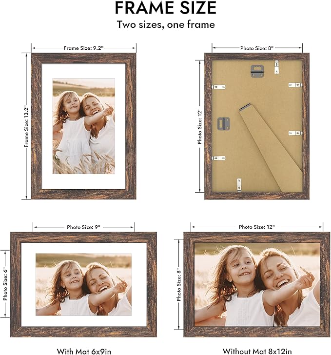 8x12 Picture Frame with Glass, Display Pictures 6x9 with Mat or 8 x 12 without Mat - Wall and Tabletop, 8 by 12 Photo Wooden Frames (Rustic Brown, 1 Pack)
