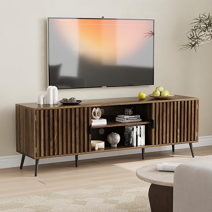 63" Walnut Fluted TV Stand with 2 Cabinets and Adjustable Shelf, Media Console Fits 30" to 70" TV for Living Room, Mid Century Modern Entertainment Center for Bedroom