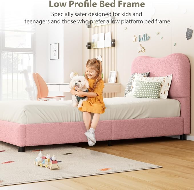 GarveeHome Twin Bed Frame for Kids with Velvet Upholstered Headboard, Cute Low Profile Platform Bed for Girls and Boys, No Box Spring Needed, Strong Wooden Slats, Noise Free, Easy Assembly, Pink