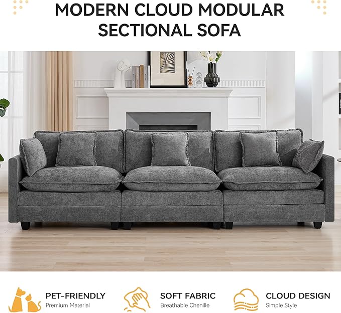 111'' Sectional Cloud Deep Seat Couch, Modern Comfy Chenille Modular Sectional Sofa for Living Room Set, Upholstered Modular 3-Seats Sofa Couch, Grey