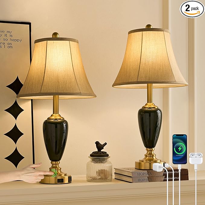 24" Ceramic Table Lamp with 3 Way Dimmable Touch Lamps - 2 USB Ports & AC Outlet Bedside Lamps, Modern Nightstand Lamp for Bedroom Living Room Office (Bulb Included) (Dark Green-2 Pack)