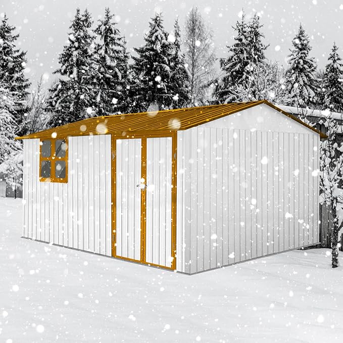 12 x 10 FT Outdoor Storage Shed with Floor, Metal Garden Tool Shed with Vents,Windows,Slooping Roof and Lockable Doors, All-Weather Bike Shed Easy to Assemble for Backyard, Patio, Lawn, White