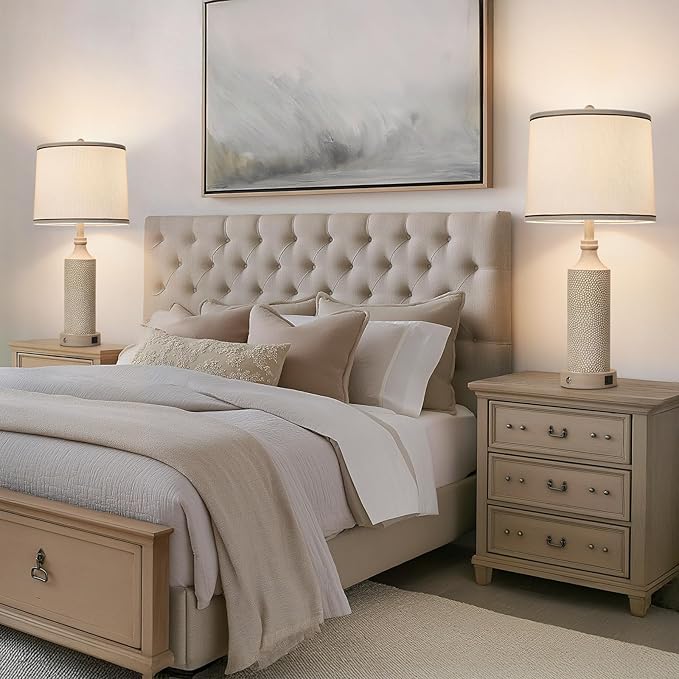 AIDENOEY 27.5" H 3-Way Dimmable Touch Control Table Lamp with USB A+C Ports, Vintage Washed White Finish Resin Bedside Farmhouse Table Lamp Set of 2，for Living Room，Bedroom，Office