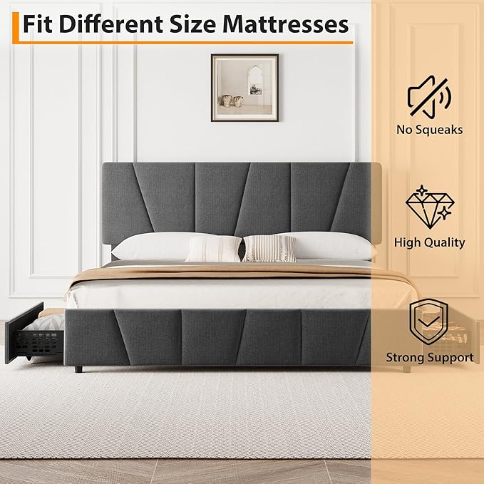 GarveeHome Full Size Bed Frame with Adjustable Headboard and 4 Storage Drawers, Velvet Upholstered Tufted Full Platform Bed Frames with Wooden Slats Support,Full Bedframe No Box Spring Needed, Grey