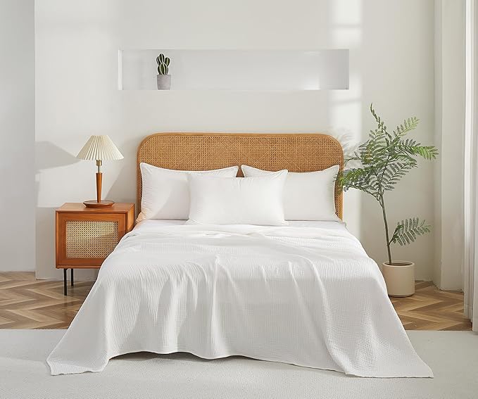 100% Cotton Muslin Throw XL Blanket (50" x 70") – A Luxuriously Soft, 4-Layer Lightweight and Breathable Gauze Blanket, Perfect for Year-Round use on beds, couches (White, Throw XL)