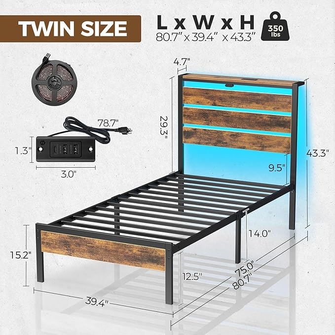 Rolanstar Bed Frame Twin Size with USB Charging Station, LED Bed Frame with Wood Storage Headboard, Rustic Brown Metal Platform Bed with Under Bed Storage, No Box Spring Needed, Noise Free