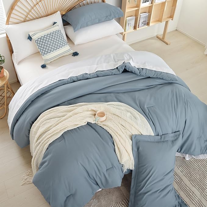 weigelia 5PCS Twin Comforter Set Microfiber Comforter Dusty Blue Comforter Sets for Women and Men Reversible Bed Set Ultra Soft All Season（Comforters, Flat & Fitted Sheets, Pillowcases & Shams）