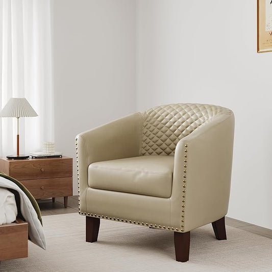 Accent Barrel Chair, Upholstered Faux Leather Club Chair with Nailed Trim, Comfy Reading Armchair for Living Room Bedroom Reception Room Office (Beige, Set of 1)