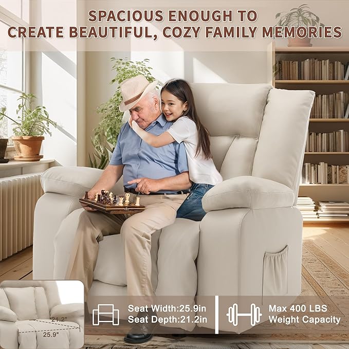 Oversize Dual Motor Power Lift Recliner for Adults, Electric Lift Chair with Heating and Massage, Waffle Leather Electric Recliner Chair with Side Pockets, Wide Recliner for Living Room