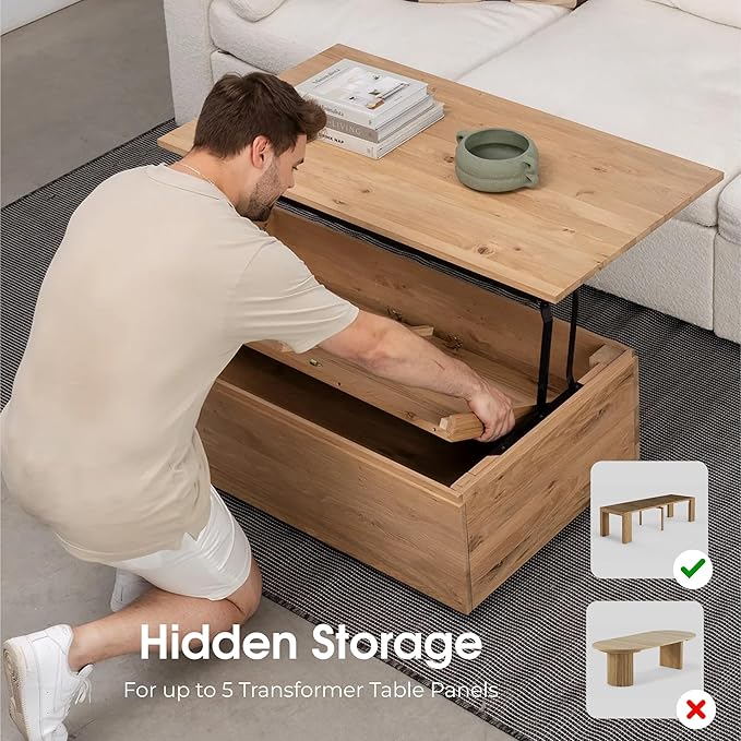 Transformer Table Lift Top Coffee Table with Storage, Modern Coffee Table for Living Room, Home Office & Dining, Space-Saving Small Coffee Desk with Panel Hidden Storage for Transformer Dining Table