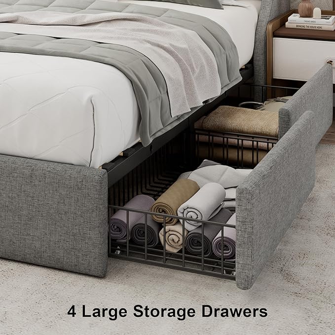 Upholstered Full Size Bed Frame with 4 Storage Drawers, Platform Bed Frame with Wingback Headboard, Charging Station, No Box Spring Needed, Light Grey