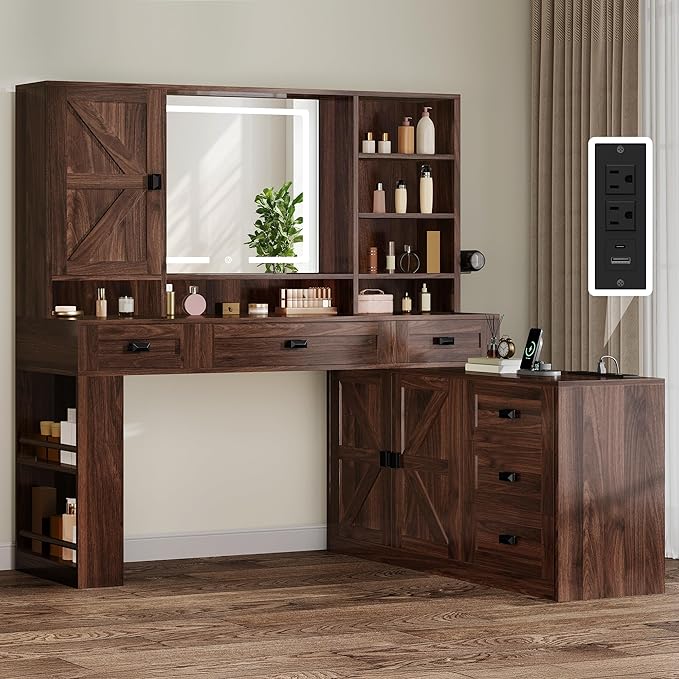 YITAHOME 48'' Farmhouse Makeup Vanity Desk with Mirror and Lights, 68'' 360° Rotation Big Modern Lighted Vanity Table with 6 Drawers & Lots Shelves, Rustic Large Dressing Table, Antique Brown