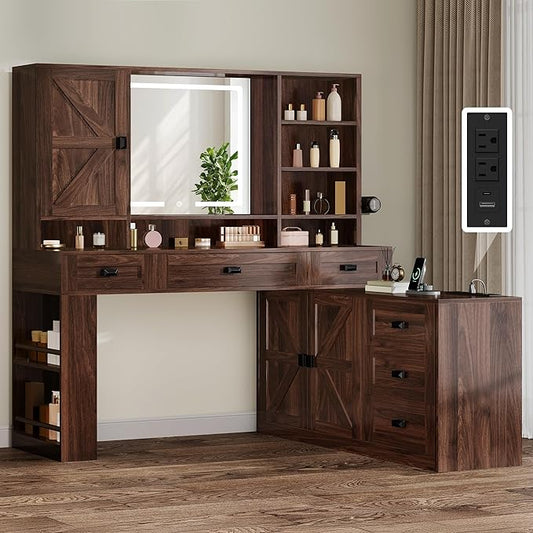 YITAHOME 48'' Farmhouse Makeup Vanity Desk with Mirror and Lights, 68'' 360° Rotation Big Modern Lighted Vanity Table with 6 Drawers & Lots Shelves, Rustic Large Dressing Table, Antique Brown