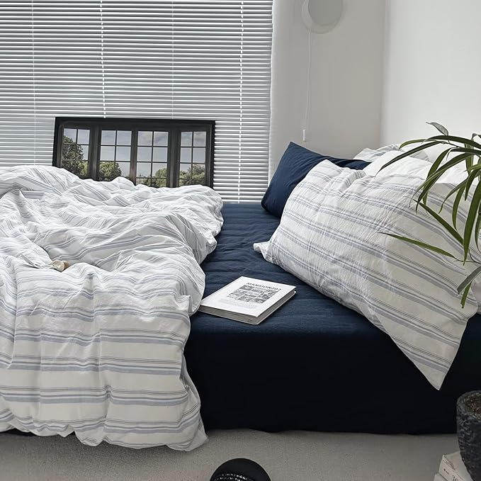 mixinni Vintage Light Blue & White Striped Comforter Set King Size - Soft Washed Cotton 3-Piece Bedding Set (1 Comforter + 2 Pillowcases), Retro Geometric Pattern, All-Season Breathable & Fluffy