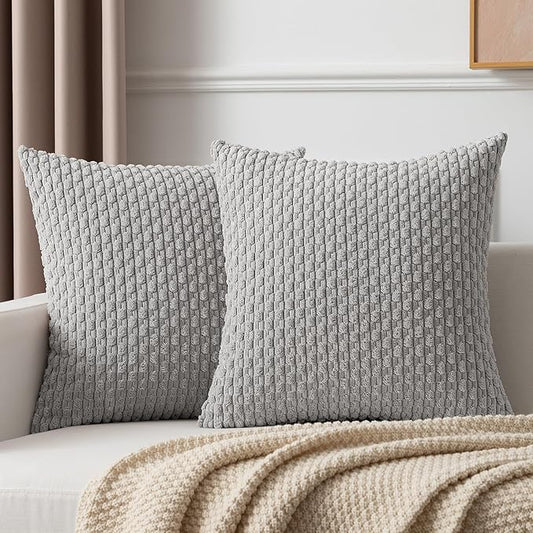 Kevin Textile Pack of 2 Corduroy Decorative Throw Pillow Covers 22x22 Inch Soft Boho Striped Pillow Covers Modern Farmhouse Home Decor for Spring Sofa Living Room Couch Bed Light Grey