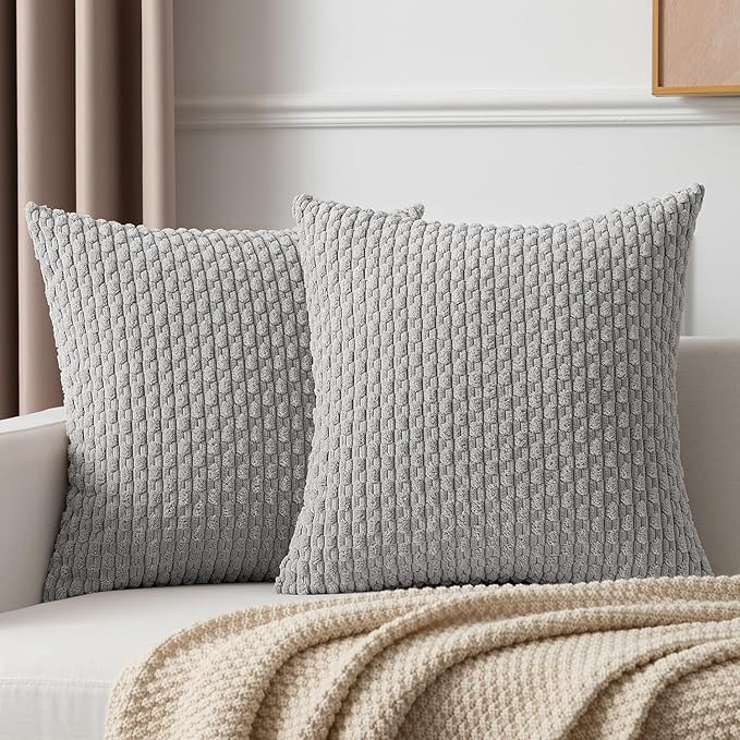 Kevin Textile Super Soft Plush Corduroy Solid Textured Large Boho Throw Euro Pillow Sham Cushion Cover for Couch Floor 2 Pcs 24 x 24 Inch (60cm) Light Grey