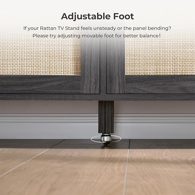 SICOTAS Rattan TV Stand for Television up to 65 Inch - 29.5" Tall Entertainment Center with Storage and Open Shelves,Boho Credenza TV Console Cabinet with 4-Doors and Adjustable Shelf for Living Room