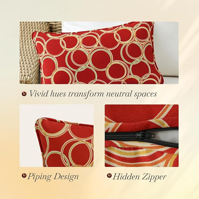 Outdoor Decorative Pillows Pack of 4, 20" x 12" Outdoor Pillow Set for Couch Bed Throw Patio Sofa, Circle Red