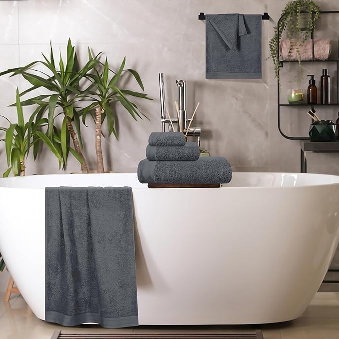 Ultra Soft 6 Pack Cotton Towel Set, Contains 2 Bath Towels 28x55 inch, 2 Hand Towels 16x24 inch & 2 Wash Coths 12x12 inch, Ideal Everyday use, Compact & Lightweight - Charcoal Grey