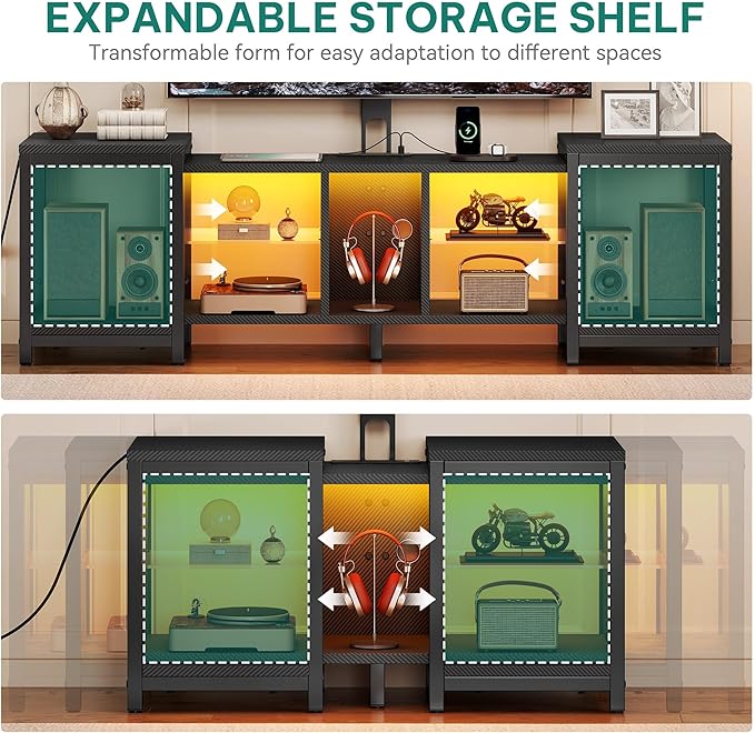 YITAHOME TV Stand with Mount for Living Room, Black Modern TV Stand for 70inch TV with Power Outlet & LED Lights, LED Entertainment Center, Gaming TV Console Cabinet, Black Carbon Fiber