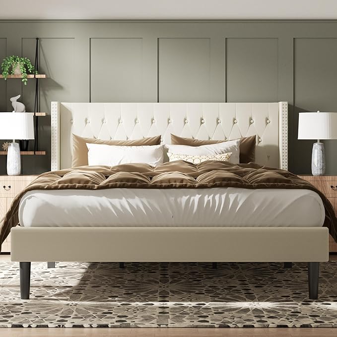 King Size Bed Frame, Upholstered Platform Bed with Wingback Headboard, Velvet Button Tufted, Easy Assembly, No Box Spring Needed, Beige