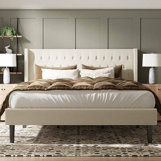 King Size Bed Frame, Upholstered Platform Bed with Wingback Headboard, Velvet Button Tufted, Easy Assembly, No Box Spring Needed, Beige