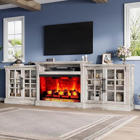 97" Farmhouse TV Stand with 33" Fireplace for TVs up to 100", Media Entertainment Center with Large Storage Cabinet and Adjustable Shelves for Living Room, Light Grey