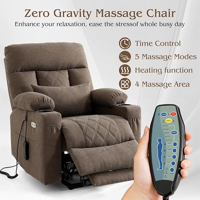 Power Lift Recliner Chair for Elderly with Extended Footrest, Infinite Position Lay Flat Recliner Chair for Adult W/Massage & Heating, Adjustable Headrest, 3-Motor Zero Gravity,Cup Holder, Fabric