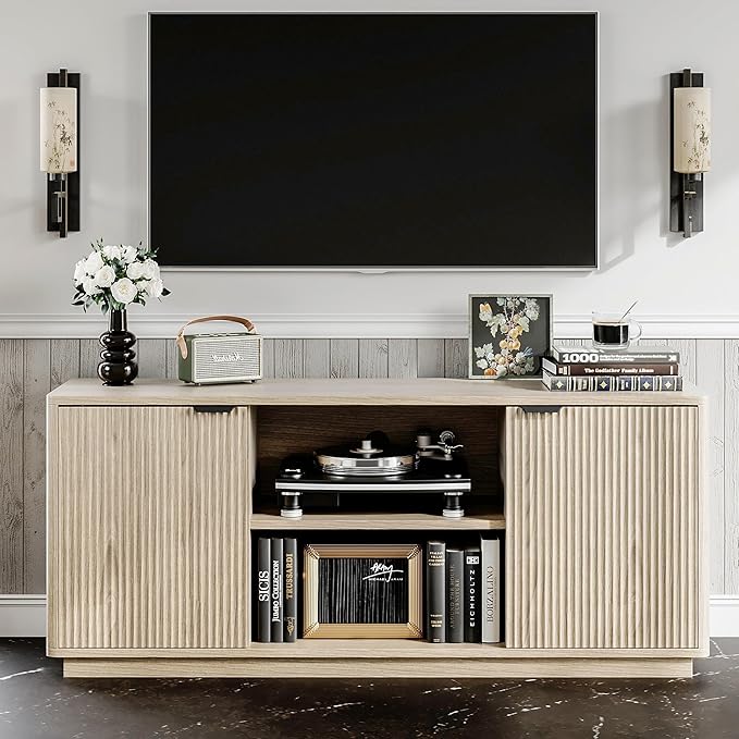 60'' Fluted TV Stand, Console Table, Mid Century Modern Curved TV Stands with Water Wave Shaped Door, Entertainment Center with Metal Handle, Living Room (Cream Yellow Wood Grain)