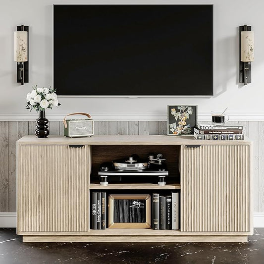 60'' Fluted TV Stand, Console Table, Mid Century Modern Curved TV Stands with Water Wave Shaped Door, Entertainment Center with Metal Handle, Living Room (Cream Yellow Wood Grain)