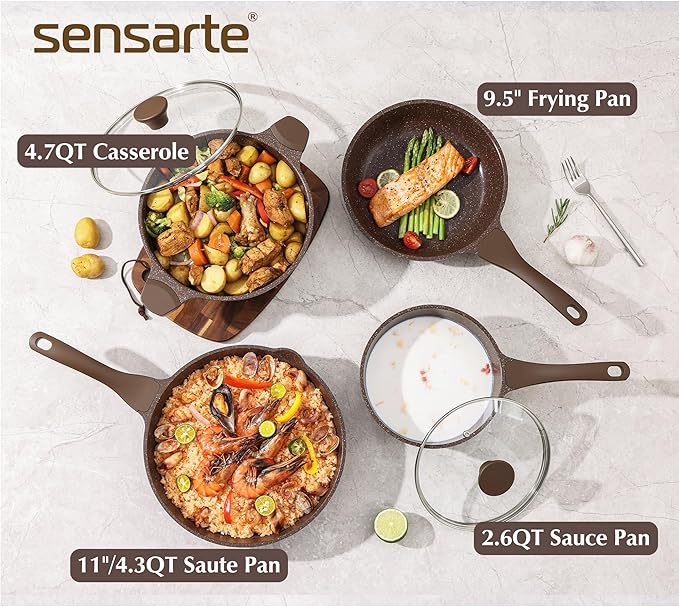 SENSARTE Nonstick Cookware Set 16-Piece, Healthy Pots and Pans Set, Non-stick Kitchen Cooking Set with Stay-Cool Handles, Silicone Utensils and Pot Protectors