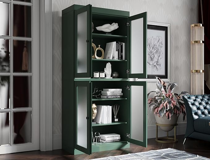 Palace Imports Solid Wood Bookcase w/Frosted Glass Doors & Adjustable Shelves for Living Room - 6-Tier Tall Bookshelf, 71.5" H x 32” W - Green, 100% Renewable Eco-Friendly Wood, Made in Brazil