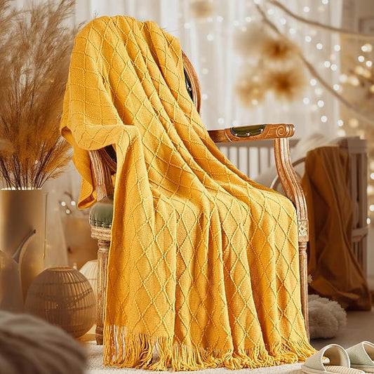inhand Knitted Fall Throw Blanket for Couch and Bed, Knit Fall Decor Halloween Blanket with Tassel, Mustard Yellow Lightweight Decorative Farmhouse Warm Woven Blankets and Throws for Women, 50"x60"