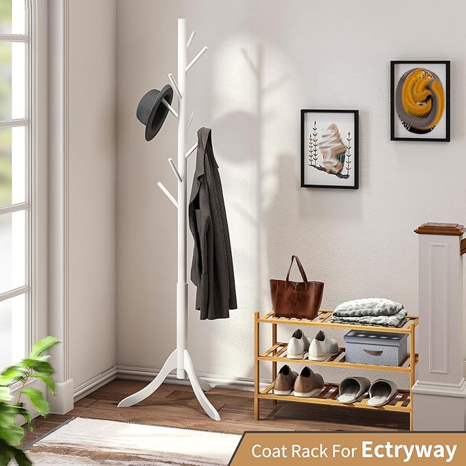 Coat Rack Freestanding, Coat Stands Entryway, Bamboo Coat Rack Hat Hanger 8 Hook for Jacket, Purse, Scarf Rack, Umbrella Tree Stand (White)