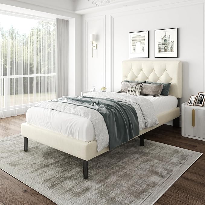 Twin Size Platform Bed Frame with Upholstered Headboard, Button Tufted Design, No Box Spring Needed, Easy Assembly, Noise Free