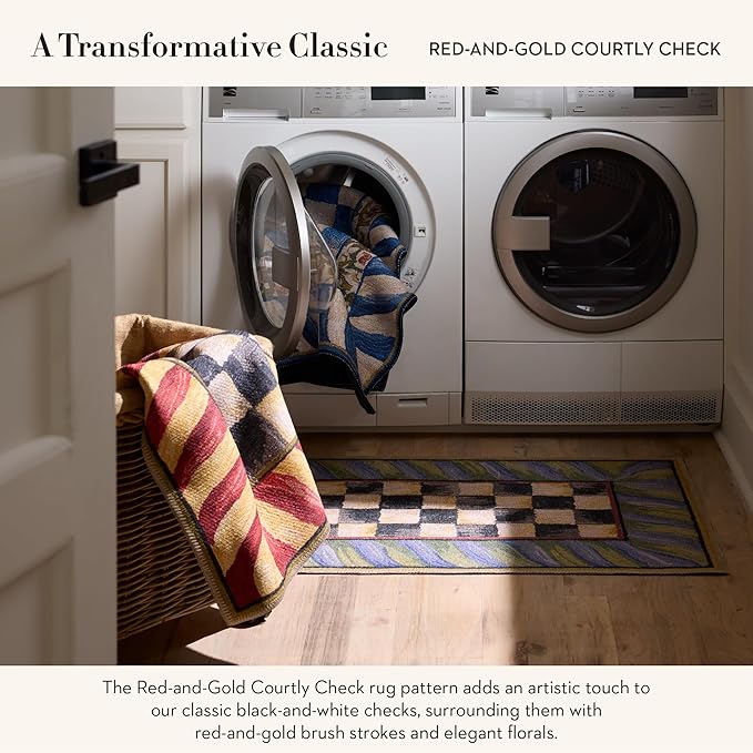 MACKENZIE-CHILDS Washable Rug, Decorative Indoor Rug, 3' x 5', Red-and-Gold Courtly Check