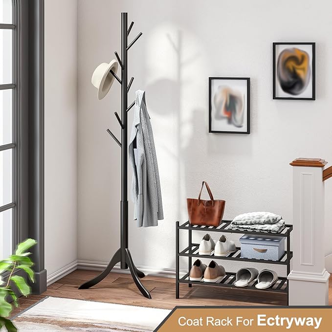 Coat Rack Freestanding, Coat Stands Entryway, Bamboo Coat Rack Hat Hanger 8 Hook for Jacket, Purse, Scarf Rack, Umbrella Tree Stand (Black)