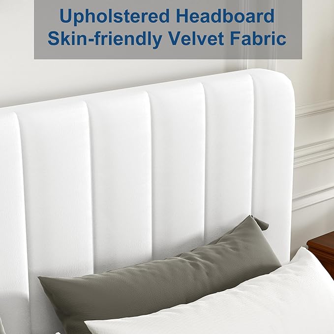 VECELO Full Size Upholstered Bed Frame with 4 Drawers and Headboard, Velvet Platform Storage Bedframe, Wooden Slats Support, No Box Spring Needed,White