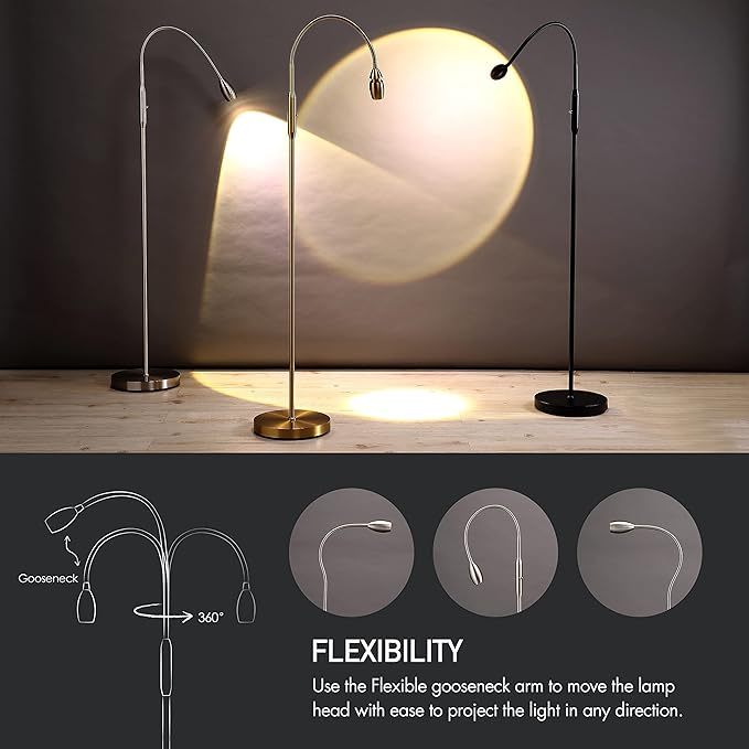O’Bright Ray – Adjustable LED Beam Floor Lamp, Dimmable and Zoomable Spotlight, Flexible Gooseneck, Reading/Crafting Standing Lamp, Work Table Light, Brushed Nickel