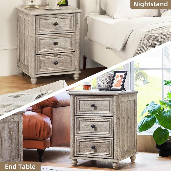 18" Farmhouse Night Stand, Wood Nightstand with 3 Drawers, Grey Bedside End Table with Storage and Roman Column, Bed Side Tables Cabinet for Bedroom, Living Room, and Closet
