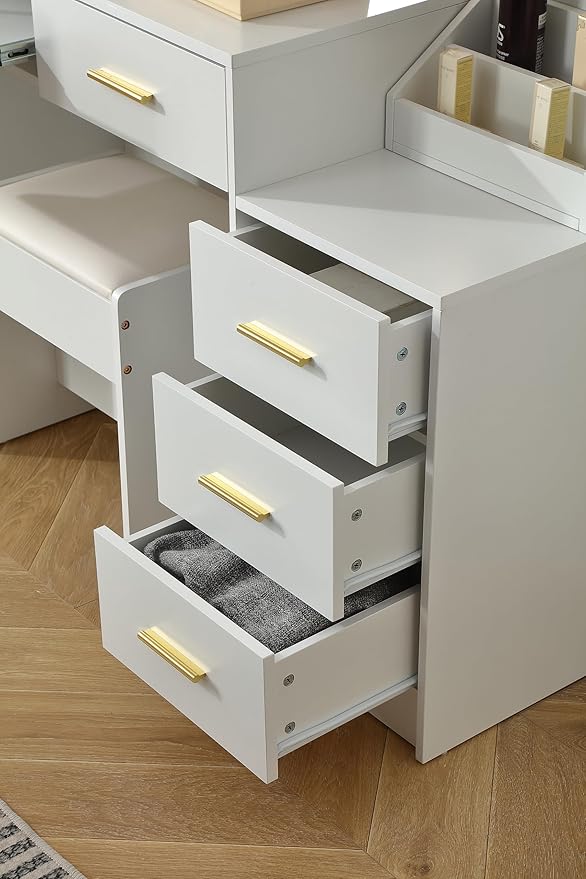 Extra Large Vanity with Folding Up Mirror and Lights,58.3'' Makeup Vanity Desk with Mirror and Lights,Outlet, Chair and Two Makeup Organizers,Dressing Table for Bedroom,White