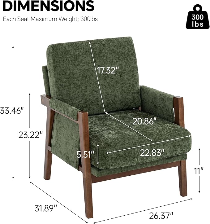 Mid Century Modern Accent Chair with Wood Frame, Upholstered Living Room Chairs with Wide Armrest, Chenille Fabric Comfy Arm Chair for Bedroom, Reading Room, Balcony (2, Green)