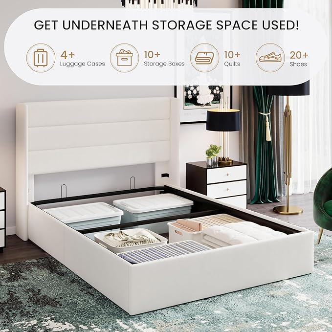 SHA CERLIN Full Size Lift Up Storage Bed/Velvet Upholstered/Modern Wingback Headboard/Upholstered Platform Bed Frame/Hydraulic Storage/No Box Spring Needed/White